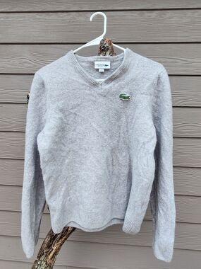 Lacoste 100% Lama Wool Light Gray V-Neck Sweater